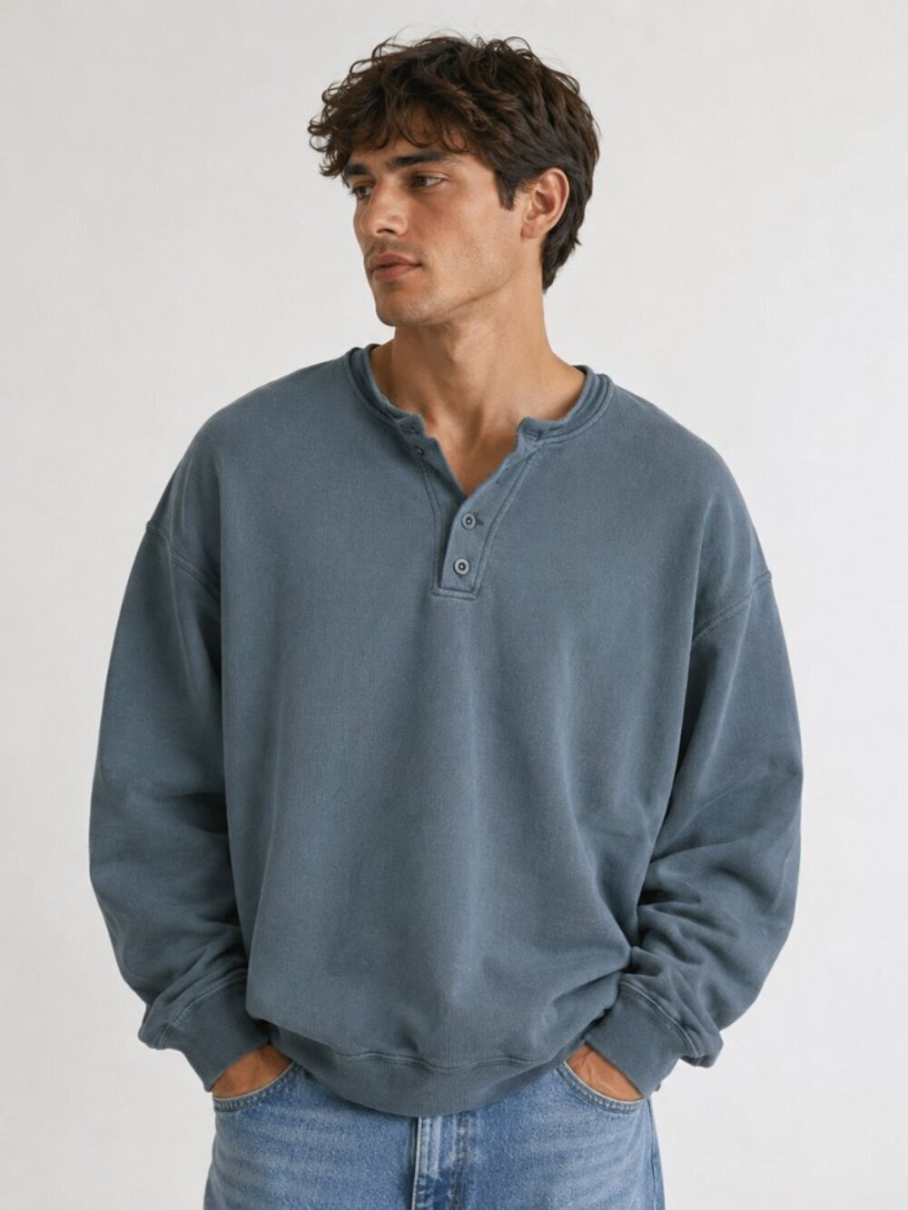 Vintage Russell Sweatshirt Top Henley 90s Streetwear Gray Green XL